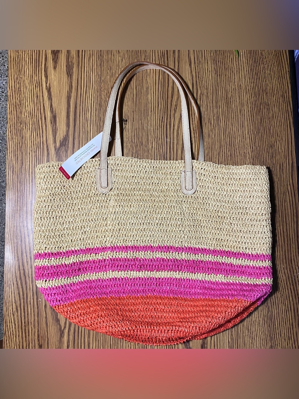 Talbots Straw Tote in Natural with Pink & Orange Stripes
